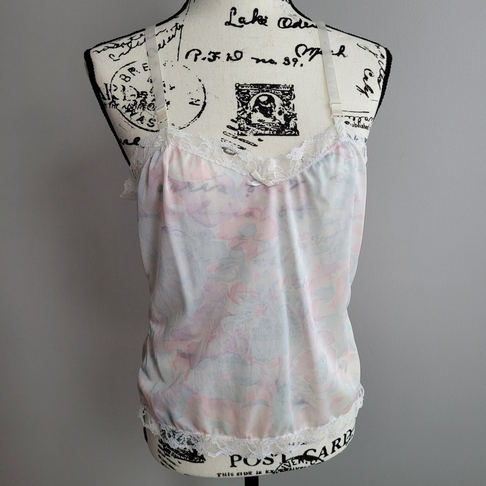 Vintage 80s floral slip tank sheer lace‎ trim angel coquette pastel feminine bow